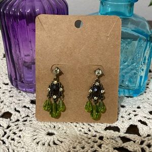 Boho Jeweled Dangle Earrings Mixed Glass Acrylic Gold Brown Green Yellow J057
